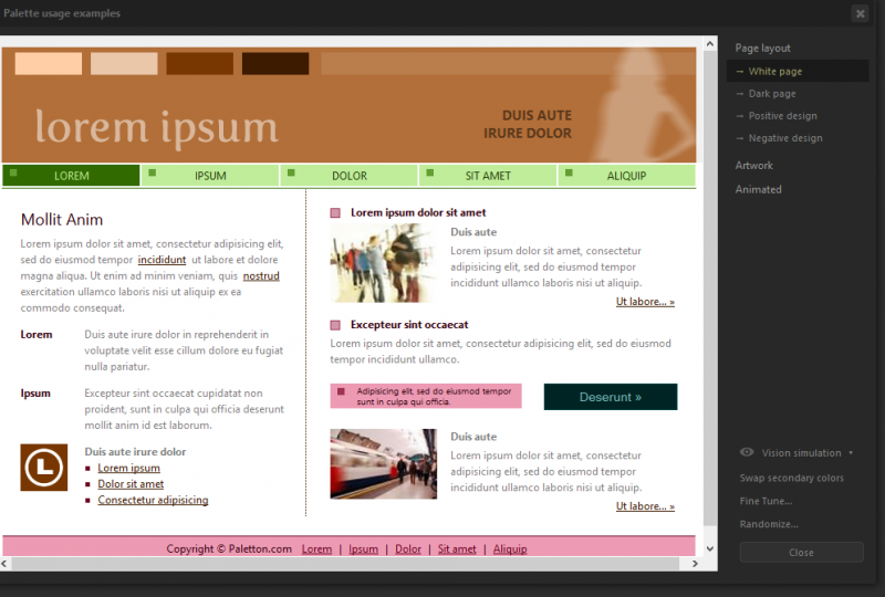 Le menu "examples" vous permet de visualiser a quoi pourrait ressembler un site utilisant votre jeu de couleurs.